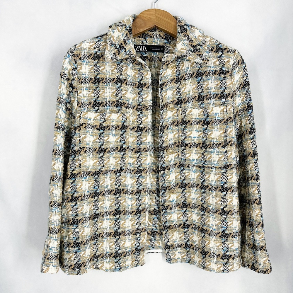 Zara Cotton Woven Houndstooth Beige Blue Shacket Shirt Jacket Womens Size XS